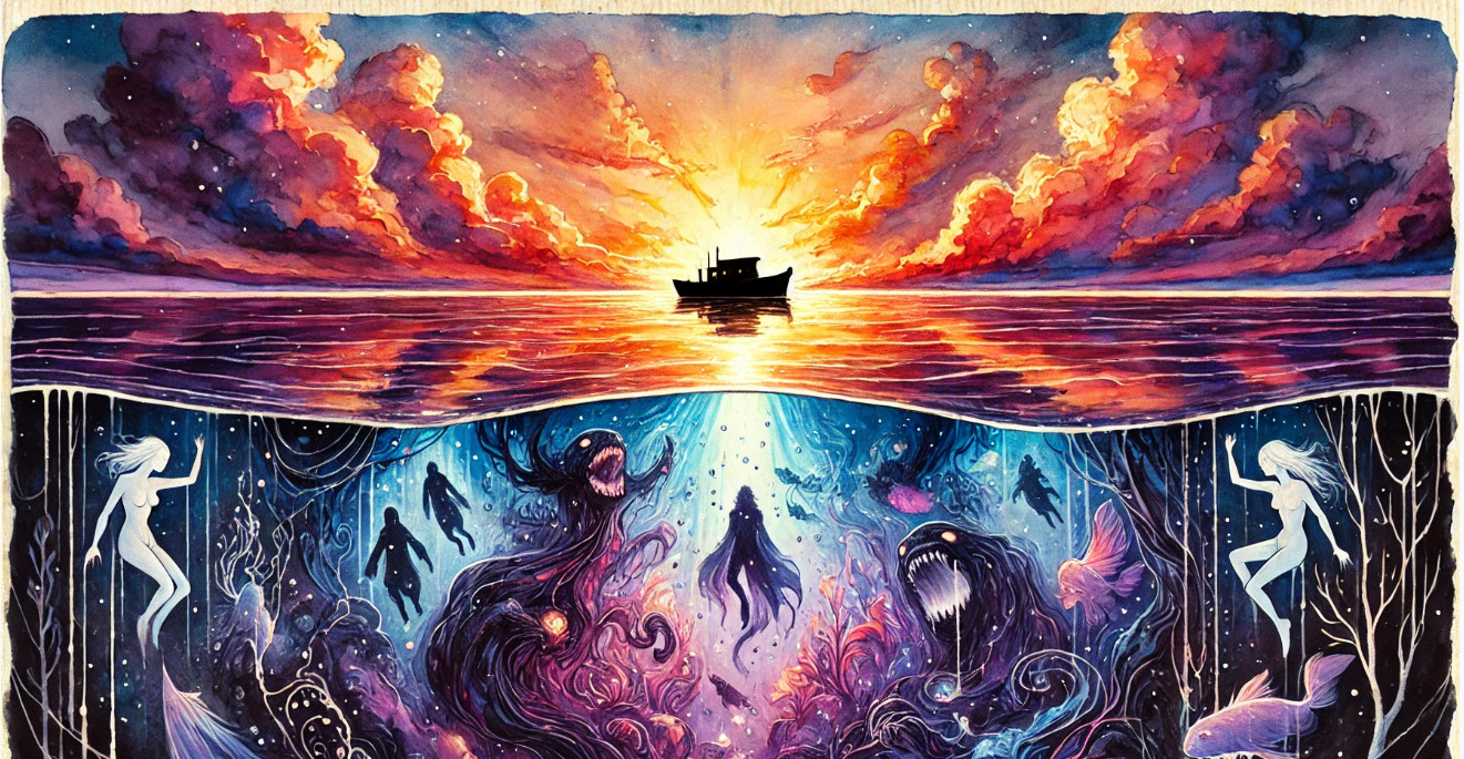 A watercolor painting inspired by a fictional movie titled 'Surface Allure, Dark Depths: The Plot Unpacked'.