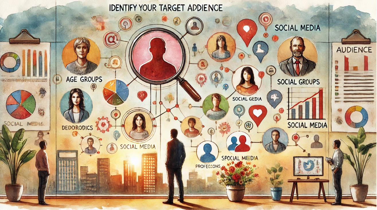 A watercolor painting illustrating the concept of 'Identify Your Target Audience'. 