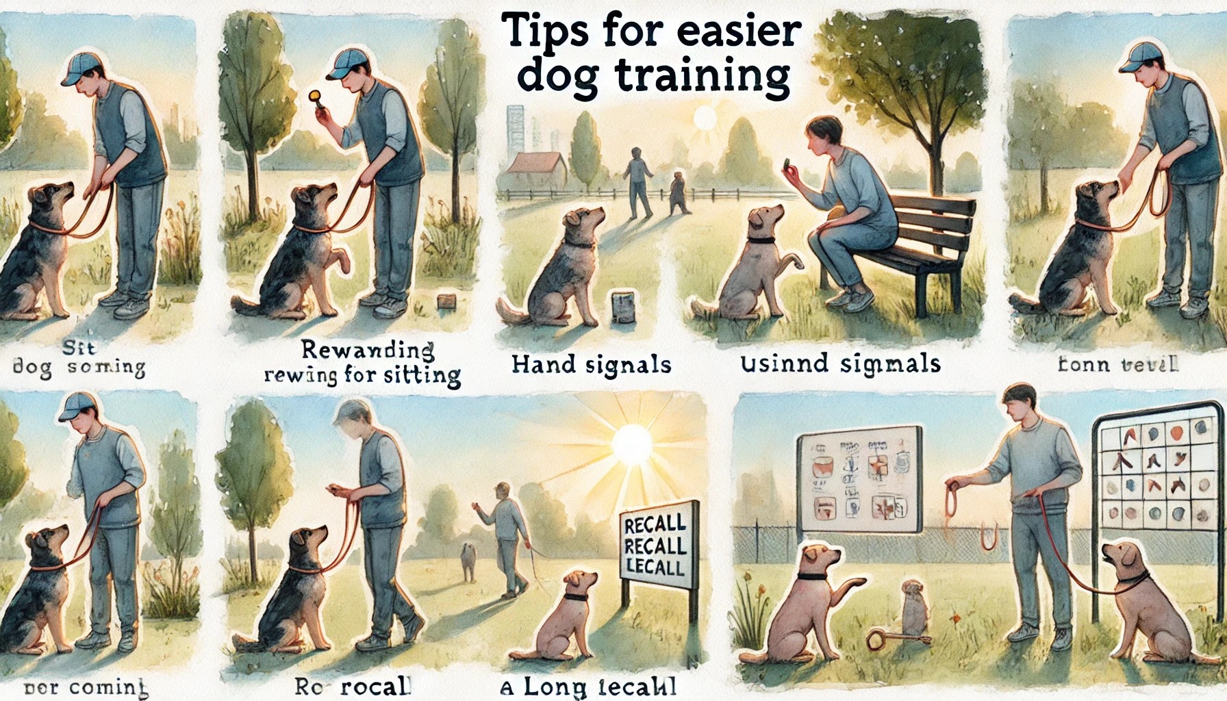 A watercolor painting illustrating 'Tips for Easier Dog Training ,Are Dogs Easy to Trains?