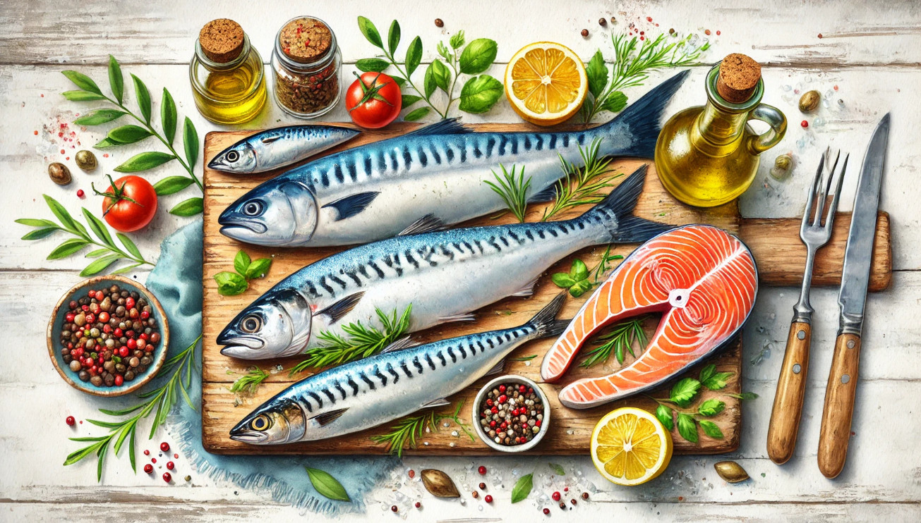 A watercolor painting of fatty fish displayed elegantly on a rustic wooden cutting board.