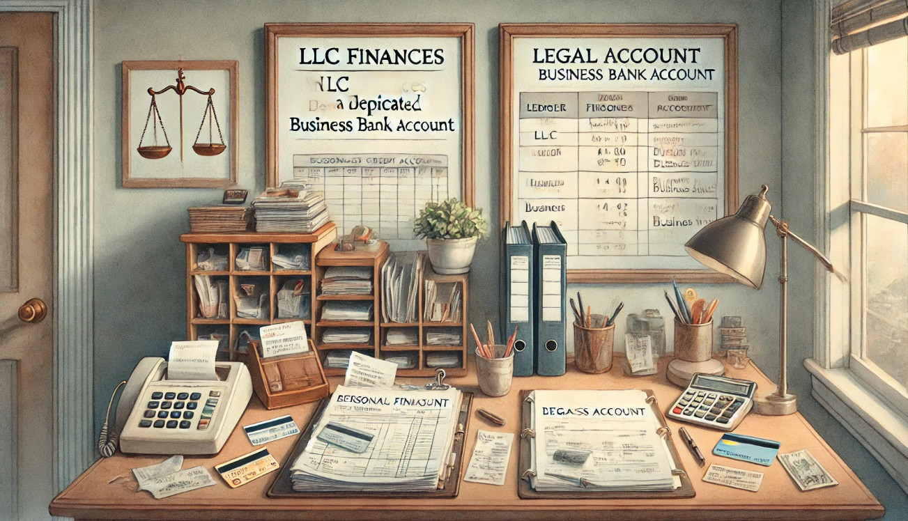 A watercolor painting illustrating the importance of an LLC having a dedicated business bank account. 