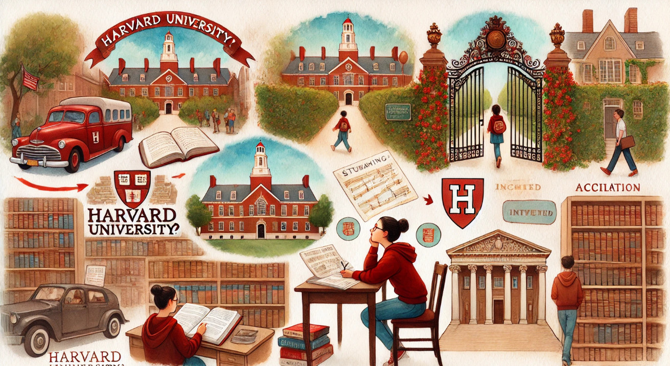 A watercolor painting in a soft, elegant illustrative style titled 'How Can I Join Harvard University?'